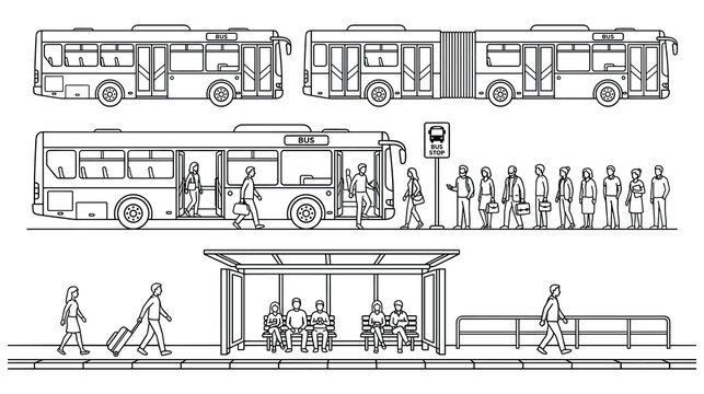 Public bus and people waiting at bus stop illustration.