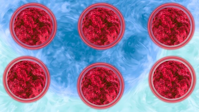 Six red powder samples in glass containers on a blue background