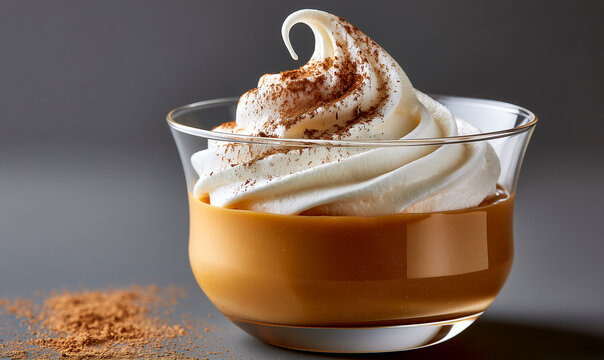 Suspiro de Limena dessert with caramel custard and port meringue in crystal glass