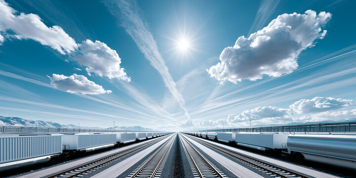 Panoramic view of railway freight terminal with container trains