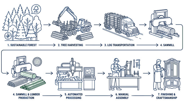 Wood production process diagram showing furniture manufacturing steps.