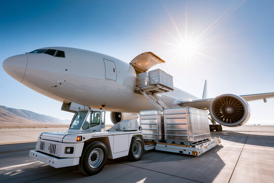 Cargo loading process into white airplane at airport freight terminal
