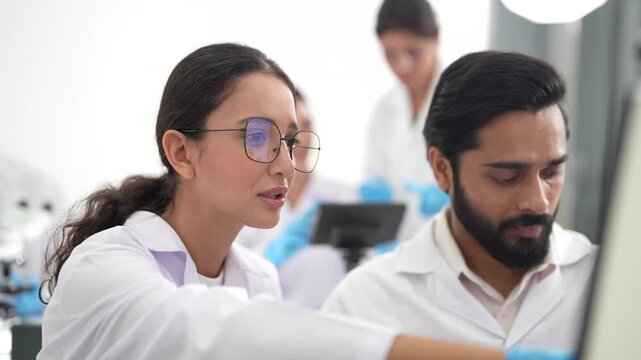 A female scientist in glasses and a bearded male colleague discuss findings at a computer workstation with tissue imagery on the monitors.