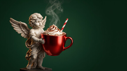 Obraz premium Classical marble cherub holding a red holiday coffee cup on a green background, providing a bold layout for seasonal cafe branding.