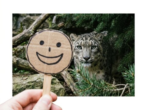 Hand holding cardboard smiley face in front of snow leopard
