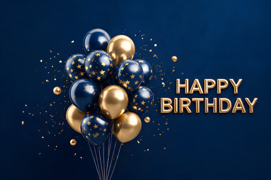 Elegant happy birthday celebration. Bunch of balloons gold navy blue, confetti, luxury event, festive atmosphere, special occasion greeting.
