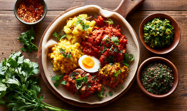Top down view of traditional Ethiopian injera flatbread with various colorful wot stews