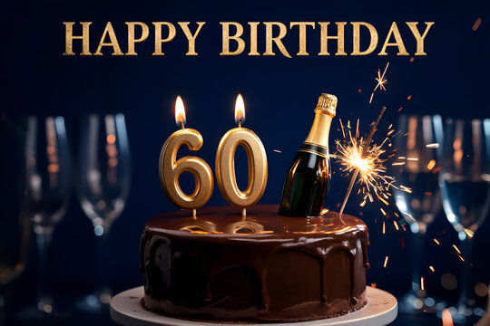 Happy birthday celebration cake for 60th. Rich chocolate cake, candles, champagne bottle, sparklers, glasses, festive luxury atmosphere.
