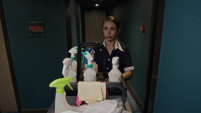 Side view shot of Caucasian young adult maid making bed in hotel room, throwing sheet over mattress in slow motion. Perfect for hospitality industry marketing and hotel service promotion