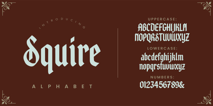 Squire Alphabet gothic typography for medieval fantasy game logo design and vintage lettering banner