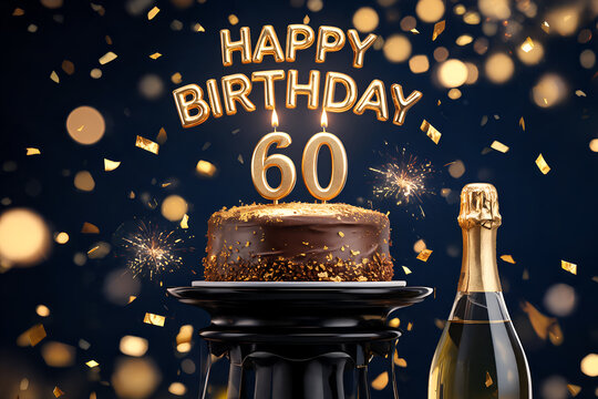 Happy birthday celebration with chocolate cake and number 60 candles. Bottle of champagne, sparkles, confetti.