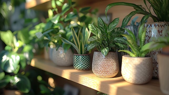 Sunlit shelf display of potted houseplants in a home interior