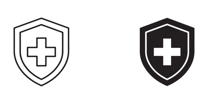 Medical shield icon designs featuring cross symbol in white and black color variations isolated on transparent background