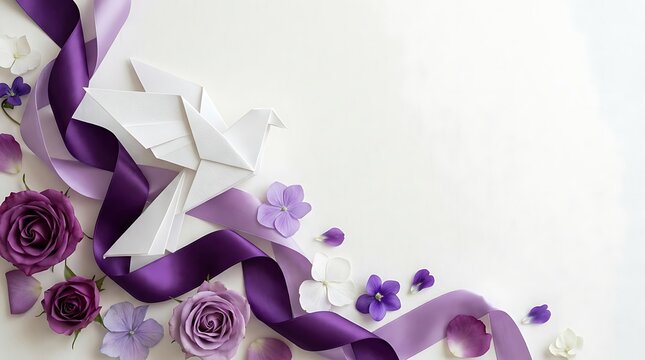 Purple ribbons with origami dove and flower arrangement on white background decoration celebration ornament romantic minimalist composition