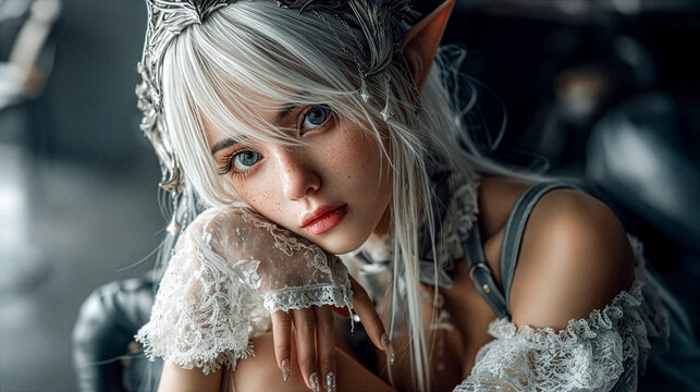 Wallpaper of Beautiful fantasy elf woman with silver hair and pointed ears sitting in a cozy cafe. Magical female character portrait with elegant fashion and cinematic fantasy atmosphere.
