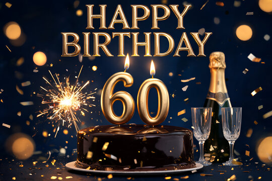 Happy birthday cake with 60 candles champagne bottle sparkler and festive bokeh lights Celebration concept