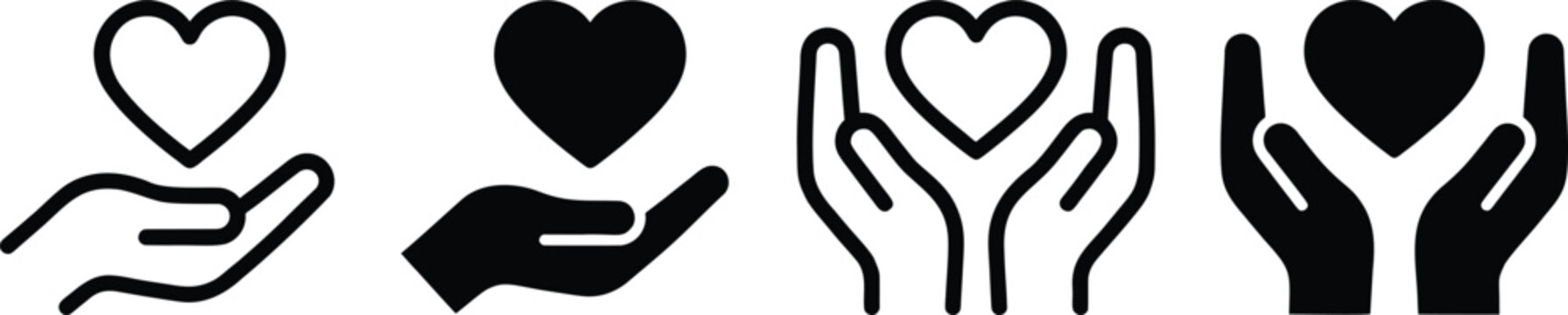Charity and care icon set, hands holding heart symbols in line and solid styles, 4 vector elements for donation and nonprofit branding