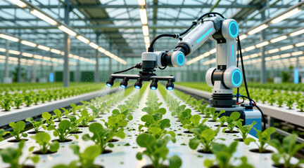 Obraz premium Automated robot arm sprays water on green salad plants in indoor smart greenhouse. Industrial machine uses precision irrigation system for crops inside farm facility. Modern tech device maintains