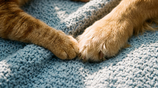 Cat and dog paws touching on a blanket. Pets showing friendship and love together.