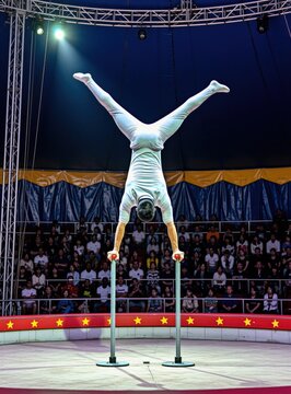 Male acrobat in white suit performs handstand on parallel bars at circus arena. Pro gymnast demonstrates balance, strength inside tent during live show. Audience sits on bleachers watching talented
