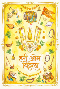 Elegant Hari Om Vitthal devotional watercolor artwork featuring sacred tilak, mridang, bells, conch, tulsi, diya and saffron flag. Ideal for Ashadhi Ekadashi, Wari, Bhakti, posters and wall art.