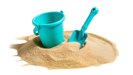 Turquoise plastic bucket and shovel in sand, isolated on transparent background © vasili