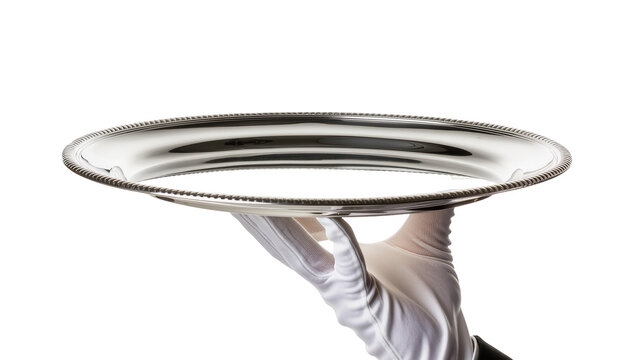 Gloved hand holding polished silver serving tray with beaded rim, isolated on transparent background