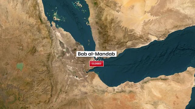 Animated Map of Bab al-Mandab Strait with Closed Sign for Red Sea Crisis Visuals