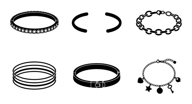 Jewelry Icons Set: Bracelets, Bangles, Charms, Cuffs, Vector Graphics for Fashion Design