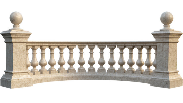Curved stone balustrade with ornate balusters and spherical finials, isolated on transparent background