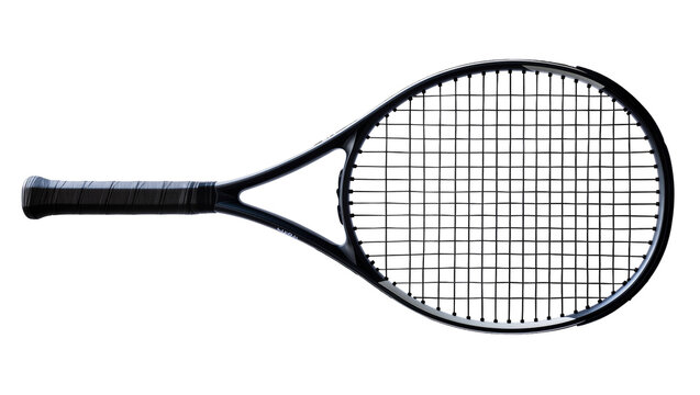 Black tennis racket with tightly strung strings, isolated on transparent background