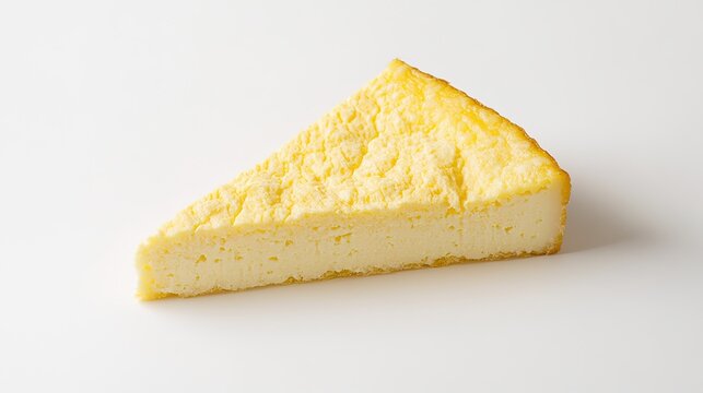 calcium. Single wedge of yellow cheese with textured surface on simple white background. menu design, packaging mockups, designed for food delivery and cloud-kitchen brand materials.