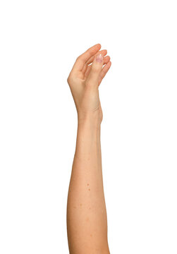 Woman s fingers pinching a tiny invisible item upward. Raised arm demonstrating a delicate grip