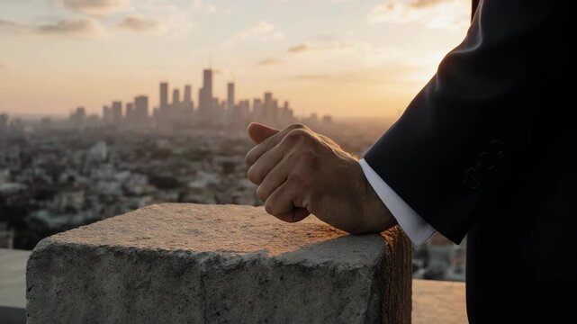 Businessman's hand gently touching stone against urban skyline at sunset cinematic motion
