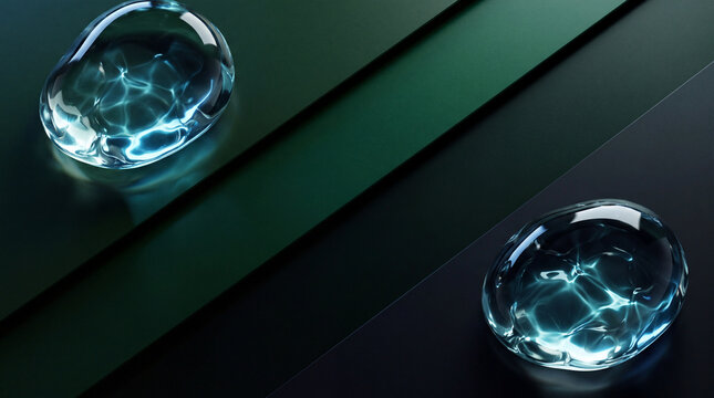 Glowing Liquid Droplets with Blue Caustics on Emerald Green Geometric Panels Background