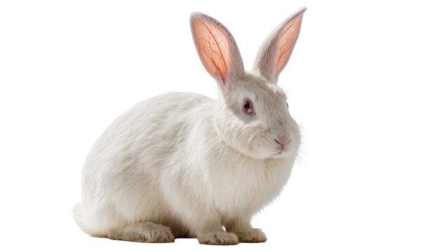 Fluffy white rabbit with pink ears, isolated on transparent background
