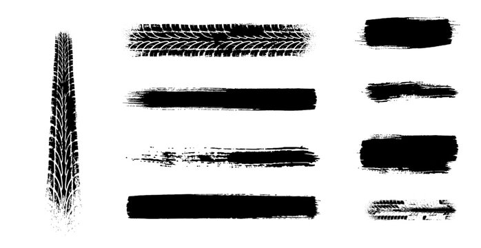 Grunge black tire tracks and dirty wheel tread textures set, horizontal brush strokes, automotive vector illustration