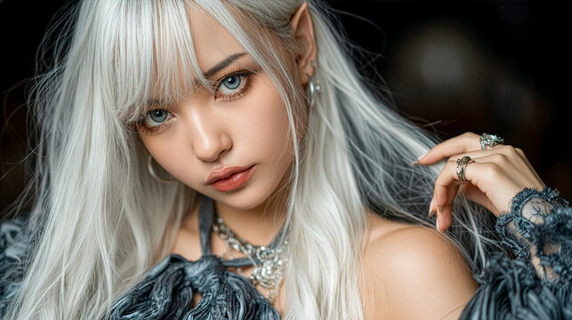 Wallpaper of Beautiful fantasy elf woman with silver hair and pointed ears sitting in a cozy cafe. Magical female character portrait with elegant fashion and cinematic fantasy atmosphere.