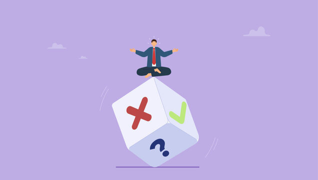 Businessman meditate on rolling dice think of result of right, wrong or question mark. Business decision, chance and uncertainty to win business, risk, randomness or luck, advice or suggestion concept