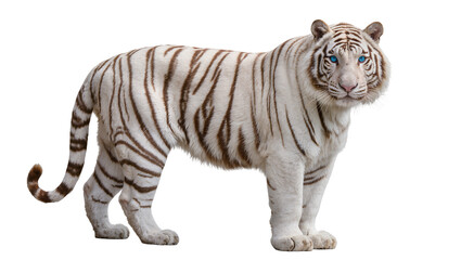Obraz premium Majestic white tiger with blue eyes standing alert, isolated on transparent background