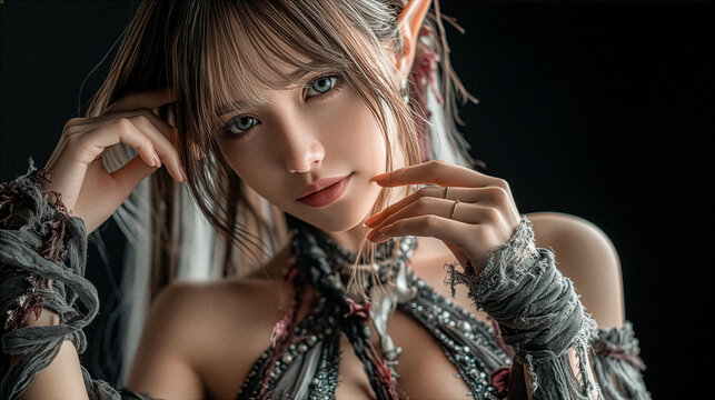 Wallpaper of Beautiful fantasy elf woman with silver hair and pointed ears sitting in a cozy cafe. Magical female character portrait with elegant fashion and cinematic fantasy atmosphere.