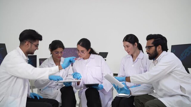 Five research colleagues in lab coats discuss findings, one gesturing to make a point during a team meeting in the laboratory.