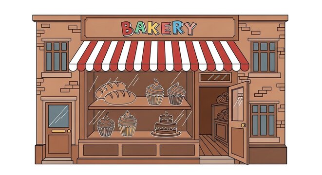 Cartoon bakery shopfront illustration with bread and pastries display