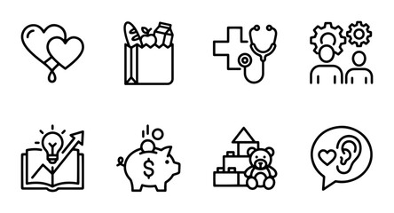 Fototapeta premium Modern Line Icons: Health, Finance, Education, Family, Business, Toys, Love, Communication