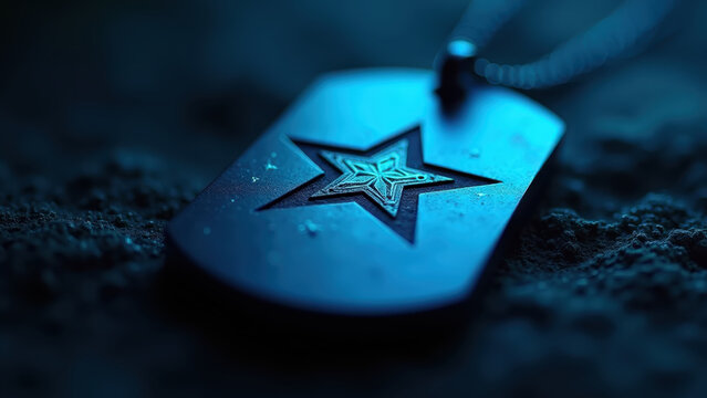 Blue steel American military dog tag spinning slowly, engraved star detail glowing, dark bokeh background, honor concept.