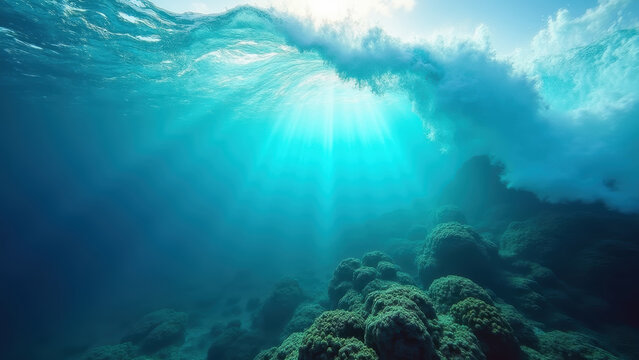 Turquoise wave unveiling coral reef