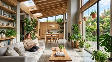 Fototapeta premium A woman relaxes on a sofa in a stunning, light-filled modern living room featuring high wood-beamed ceilings, floor-to-ceiling windows, and greenery.