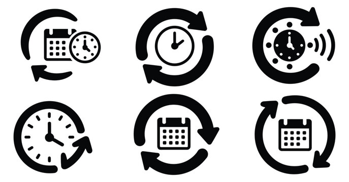 Subscription renewal icon set, showing black cycle arrows, recurring payment, membership renewal, automatic billing, service subscription, and modern vector illustration.