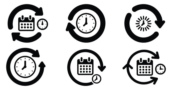 Subscription renewal icon set, showing black cycle arrows, recurring payment, membership renewal, automatic billing, service subscription, and modern vector illustration.