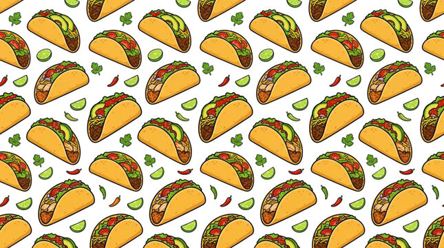 Colorful repeating pattern of tacos with fresh toppings.